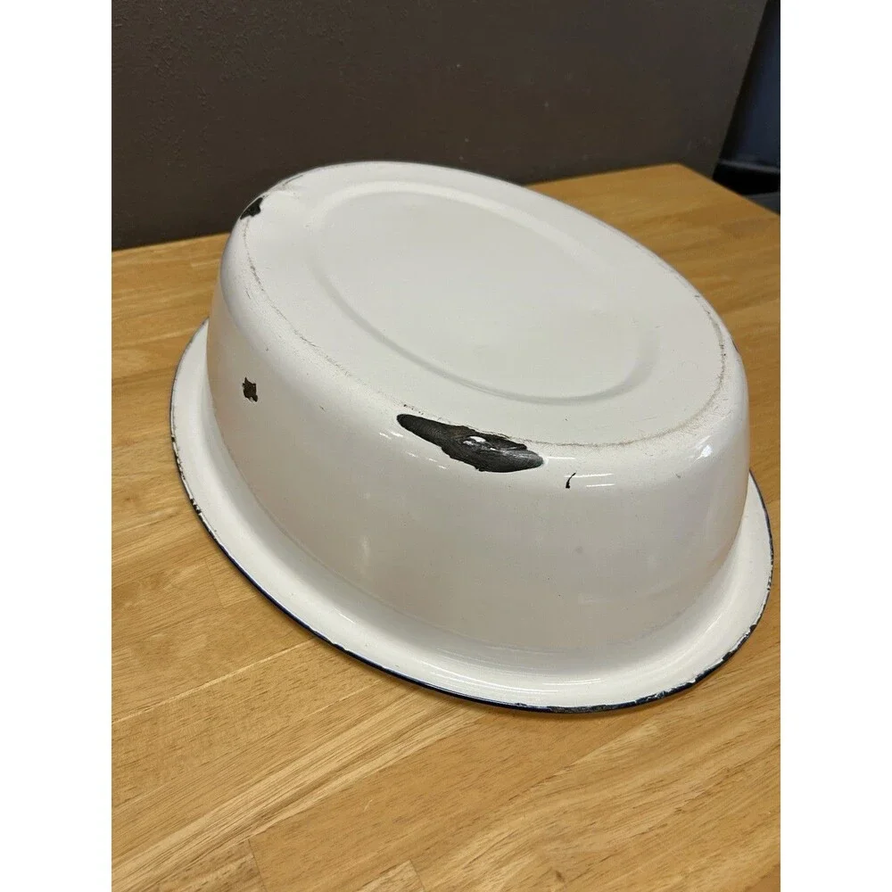 Vintage Enamelware Wash Basin White Black Trim 20x16 Farmhouse Rustic Primitive